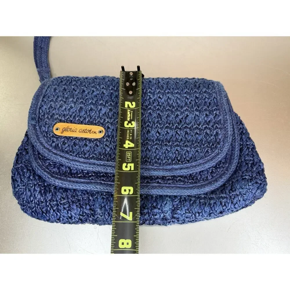 Vintage Gloria Astor Woven Wristlet Clutch Envelope Flap Crochet Purse 70s Blue